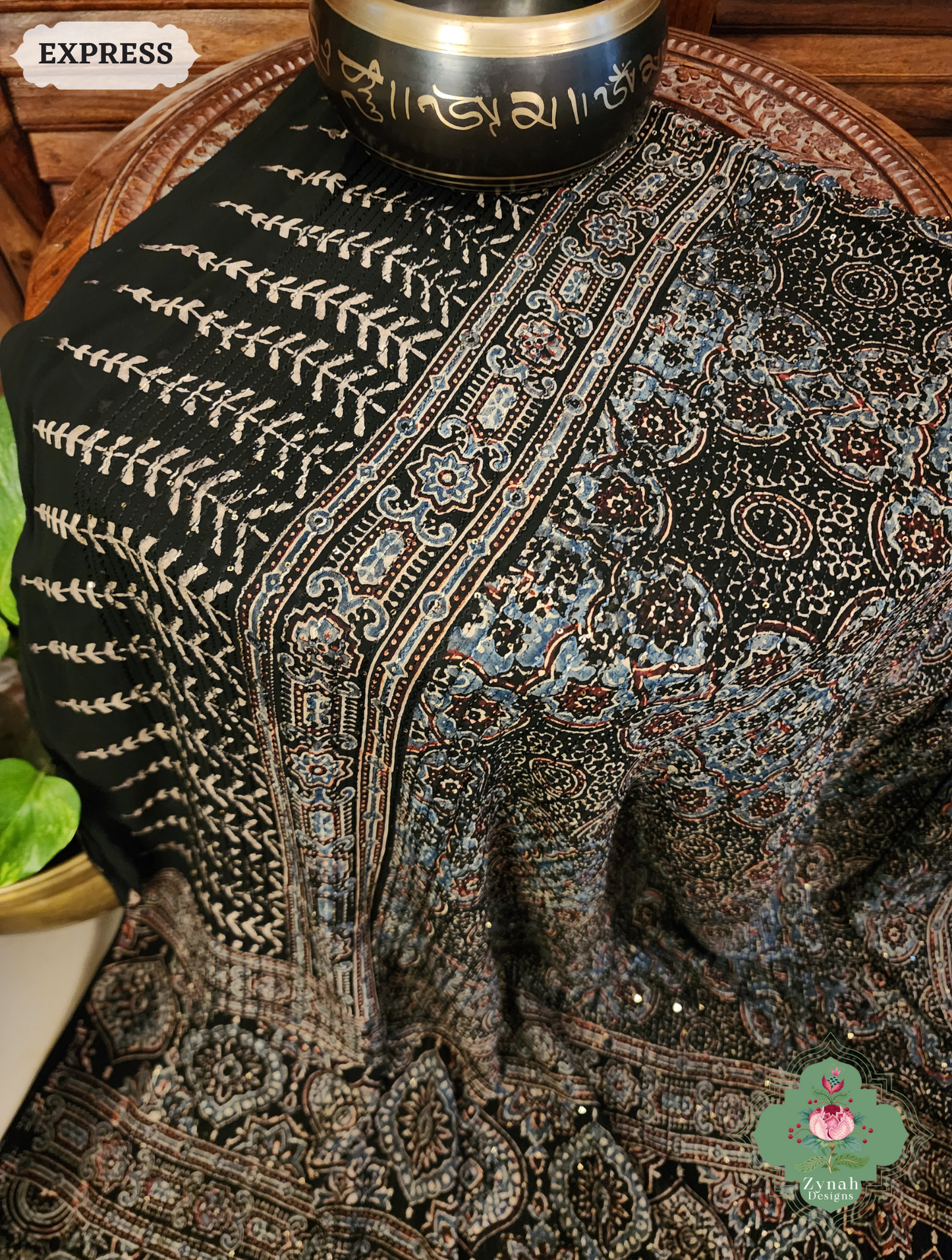 Zynah Black & Indigo Hand-Block Printed Georgette Silk Ajrakh Saree with Sequins Highlight; Custom Stitched/Ready-made Blouse, Fall, Petticoat; SKU: 1004202506
