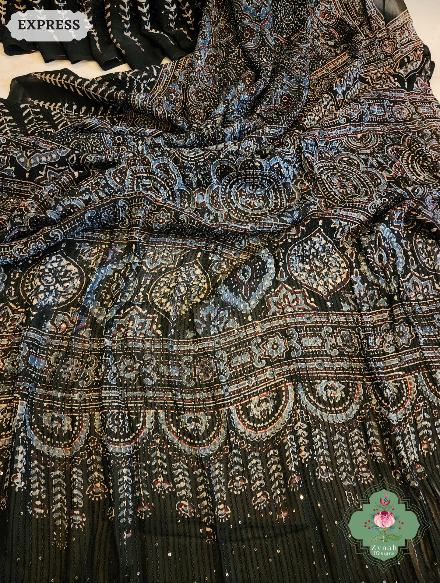 Zynah Black & Indigo Hand-Block Printed Georgette Silk Ajrakh Saree with Sequins Highlight; Custom Stitched/Ready-made Blouse, Fall, Petticoat; SKU: 1004202506