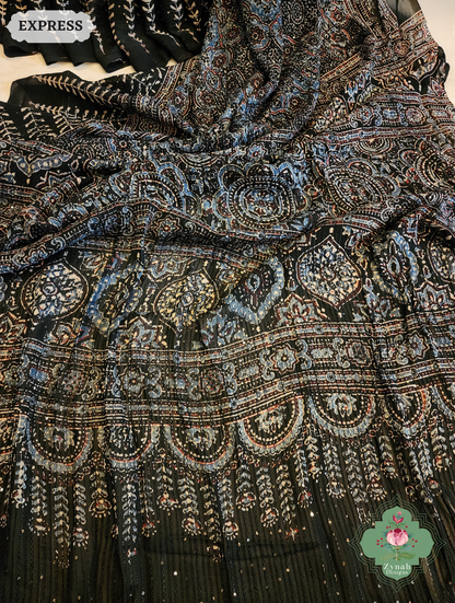 Zynah Black & Indigo Hand-Block Printed Georgette Silk Ajrakh Saree with Sequins Highlight; Custom Stitched/Ready-made Blouse, Fall, Petticoat; SKU: 1004202506