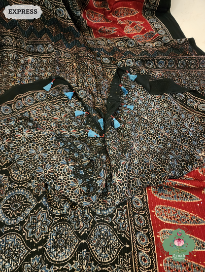 Zynah Black & Madder Red Hand-Block Printed Georgette Silk Ajrakh Saree with Sequins Highlight; Custom Stitched/Ready-made Blouse, Fall, Petticoat; SKU: 1004202502