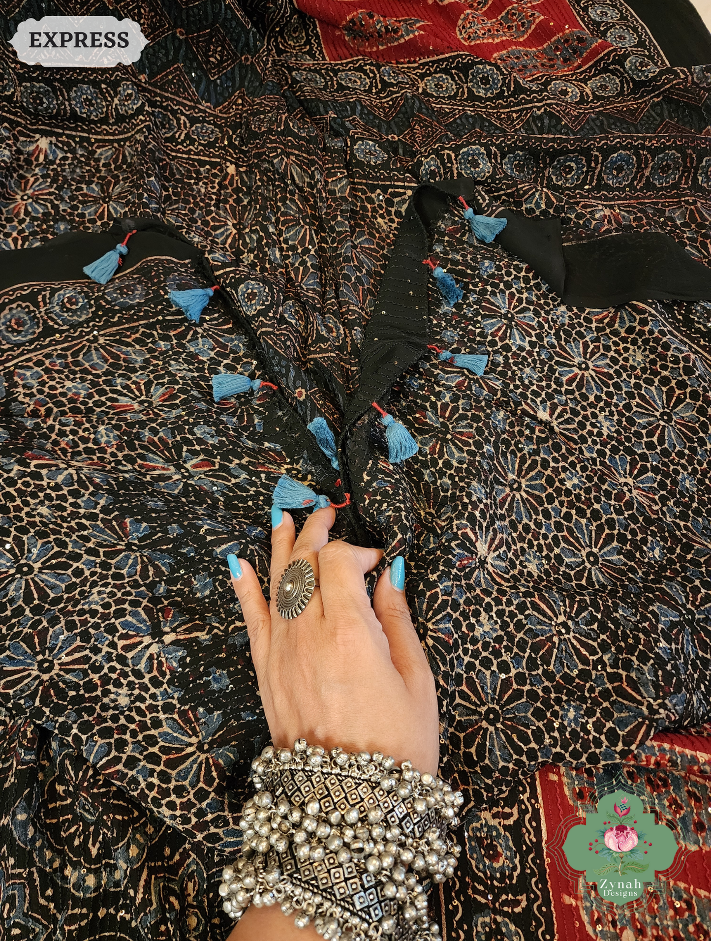 Zynah Black & Madder Red Hand-Block Printed Georgette Silk Ajrakh Saree with Sequins Highlight; Custom Stitched/Ready-made Blouse, Fall, Petticoat; SKU: 1004202502