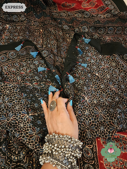 Zynah Black & Madder Red Hand-Block Printed Georgette Silk Ajrakh Saree with Sequins Highlight; Custom Stitched/Ready-made Blouse, Fall, Petticoat; SKU: 1004202502
