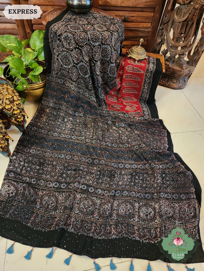 Zynah Black & Madder Red Hand-Block Printed Georgette Silk Ajrakh Saree with Sequins Highlight; Custom Stitched/Ready-made Blouse, Fall, Petticoat; SKU: 1004202502
