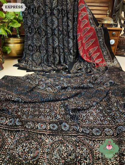 Zynah Black & Madder Red Hand-Block Printed Georgette Silk Ajrakh Saree with Sequins Highlight; Custom Stitched/Ready-made Blouse, Fall, Petticoat; SKU: 1004202502