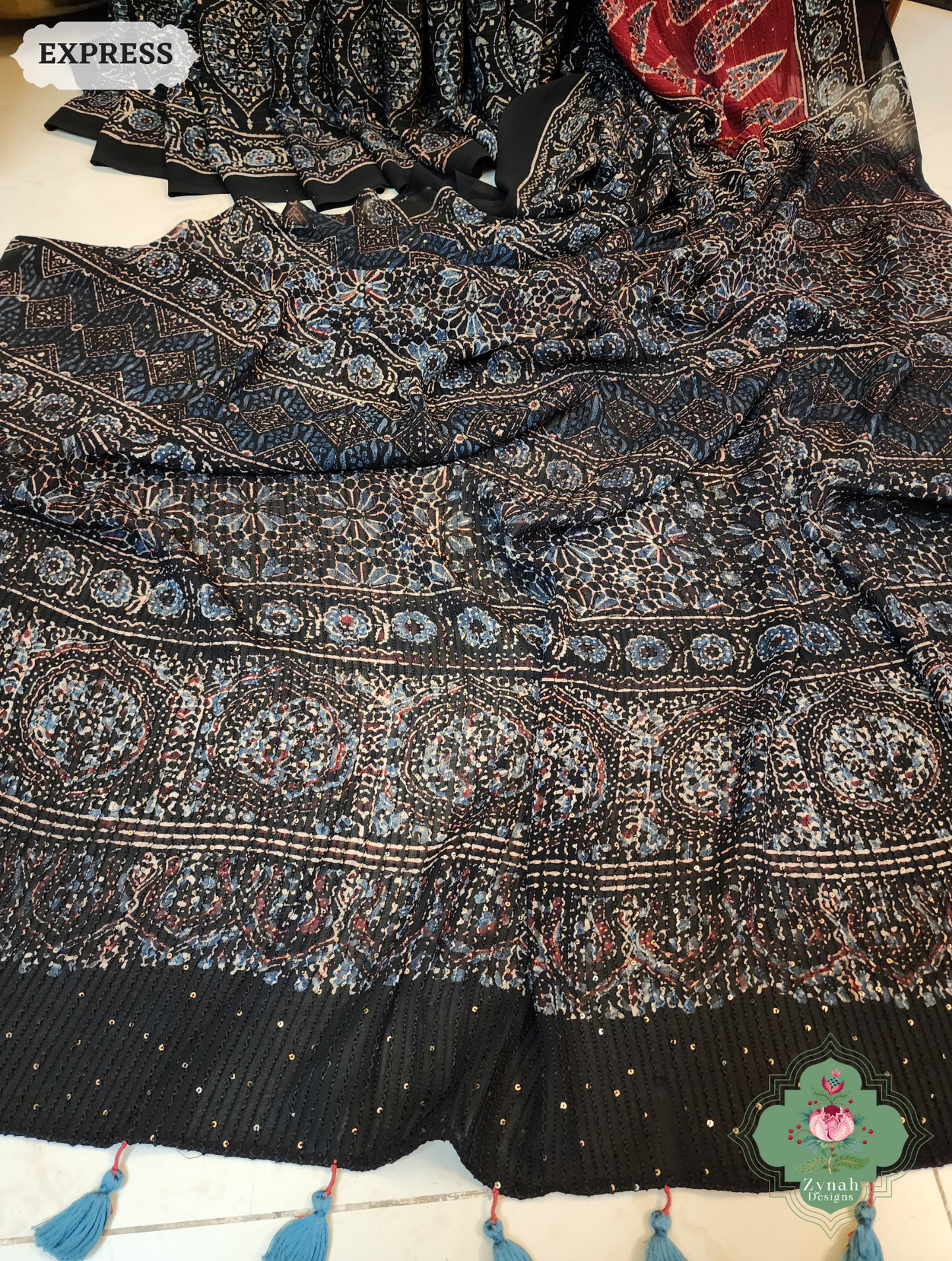 Zynah Black & Madder Red Hand-Block Printed Georgette Silk Ajrakh Saree with Sequins Highlight; Custom Stitched/Ready-made Blouse, Fall, Petticoat; SKU: 1004202502