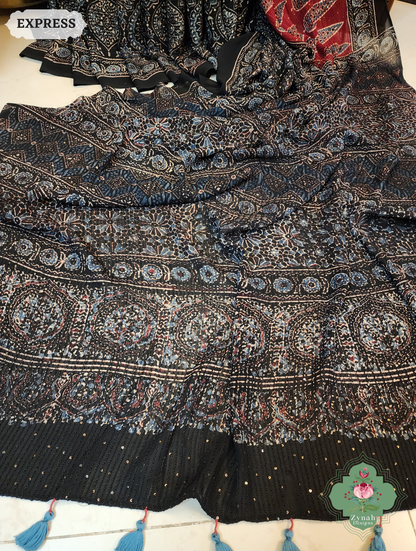 Zynah Black & Madder Red Hand-Block Printed Georgette Silk Ajrakh Saree with Sequins Highlight; Custom Stitched/Ready-made Blouse, Fall, Petticoat; SKU: 1004202502