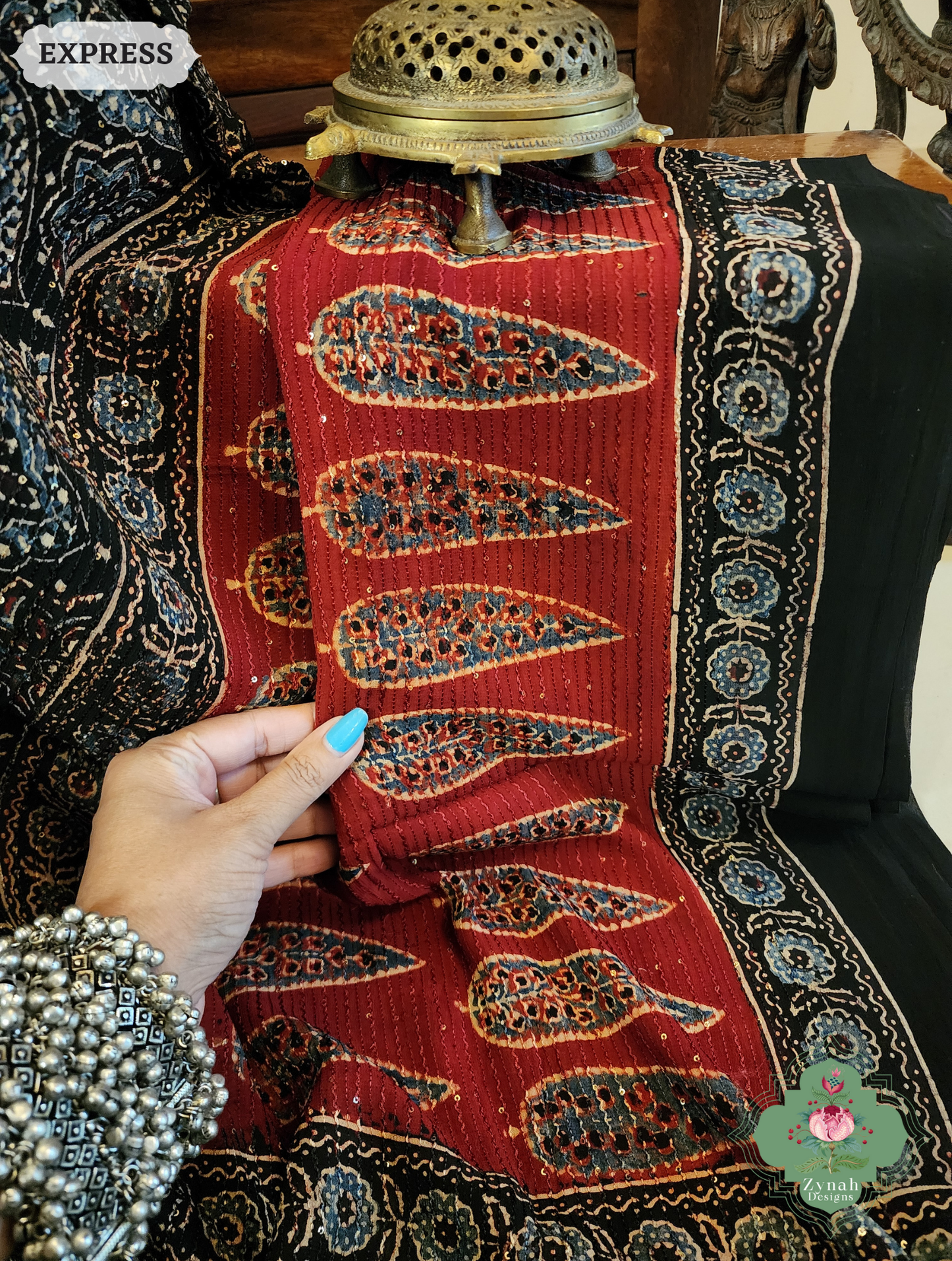 Zynah Black & Madder Red Hand-Block Printed Georgette Silk Ajrakh Saree with Sequins Highlight; Custom Stitched/Ready-made Blouse, Fall, Petticoat; SKU: 1004202502