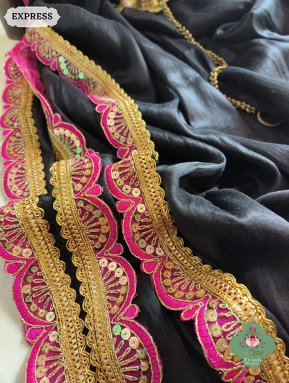 Zynah Metallic Black Linen Tissue Saree With Scalloped Lace & Rani Tassels; Custom Stitched/Ready-made Blouse, Fall, Petticoat; SKU: 2703202503