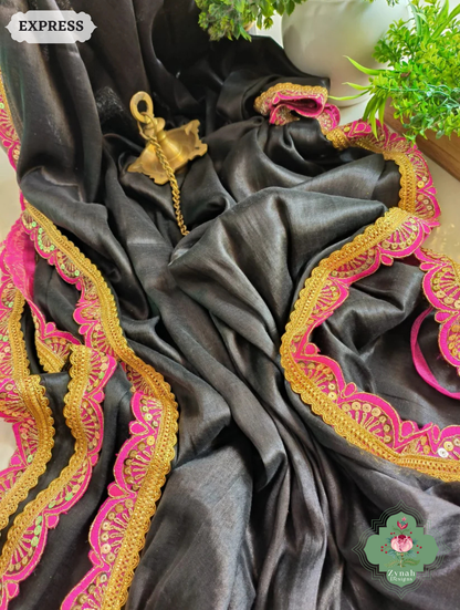 Zynah Metallic Black Linen Tissue Saree With Scalloped Lace & Rani Tassels; Custom Stitched/Ready-made Blouse, Fall, Petticoat; SKU: 2703202503