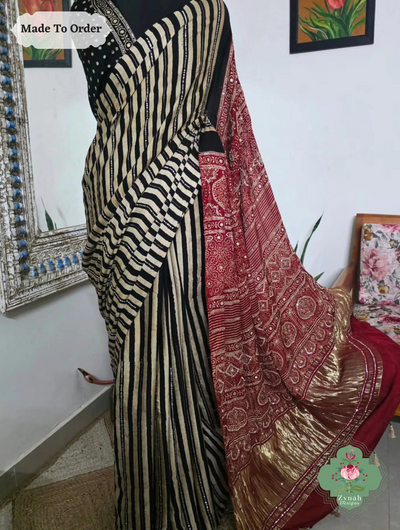Zynah Made To Order Black & Madder Red Ajrakh Modal Silk Saree With Lagdi Patta Pallu & Hand Embellishments; Custom Stitched/Ready-made Blouse, Fall, Petticoat; SKU:1909202505