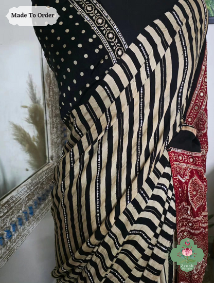 Zynah Made To Order Black & Madder Red Ajrakh Modal Silk Saree With Lagdi Patta Pallu & Hand Embellishments; Custom Stitched/Ready-made Blouse, Fall, Petticoat; SKU:1909202505