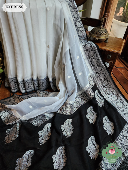 Zynah Black & White Handwoven Pure Khaddi Chiffon Banarasi Saree With Pure Silver Water Zari Woven Butas & Border; Custom Stitched/Ready-made Blouse, Fall, Petticoat; SKU: 29012025012