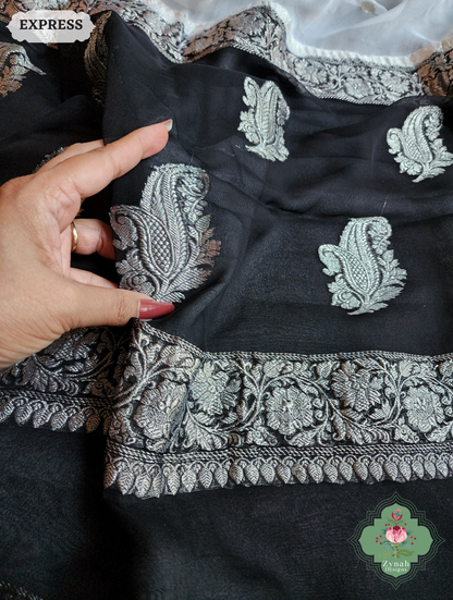 Zynah Black & White Handwoven Pure Khaddi Chiffon Banarasi Saree With Pure Silver Water Zari Woven Butas & Border; Custom Stitched/Ready-made Blouse, Fall, Petticoat; SKU: 29012025012