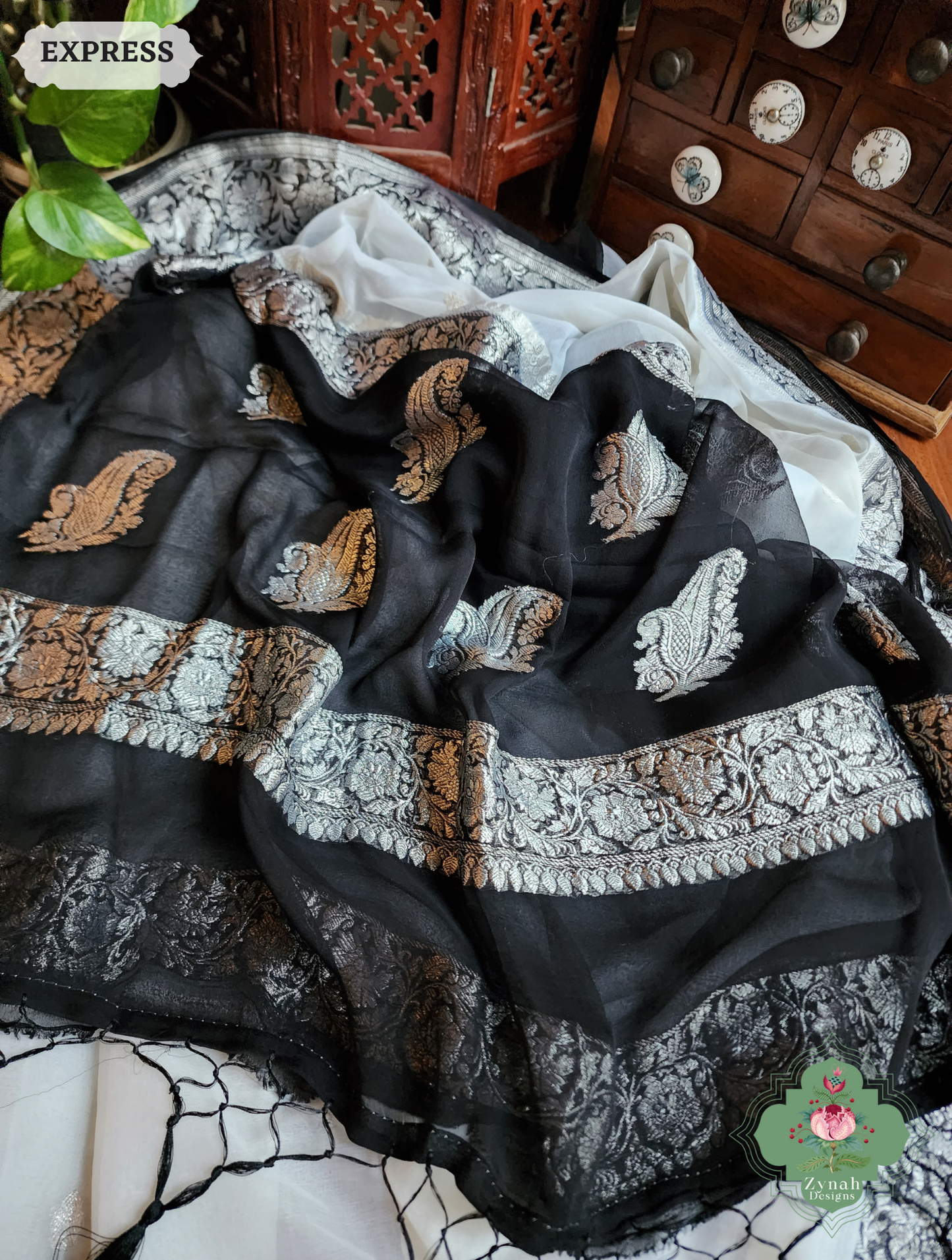 Zynah Black & White Handwoven Pure Khaddi Chiffon Banarasi Saree With Pure Silver Water Zari Woven Butas & Border; Custom Stitched/Ready-made Blouse, Fall, Petticoat; SKU: 29012025012