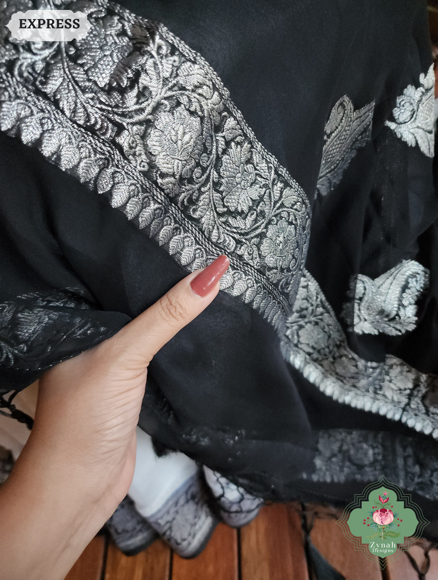Zynah Black & White Handwoven Pure Khaddi Chiffon Banarasi Saree With Pure Silver Water Zari Woven Butas & Border; Custom Stitched/Ready-made Blouse, Fall, Petticoat; SKU: 29012025012