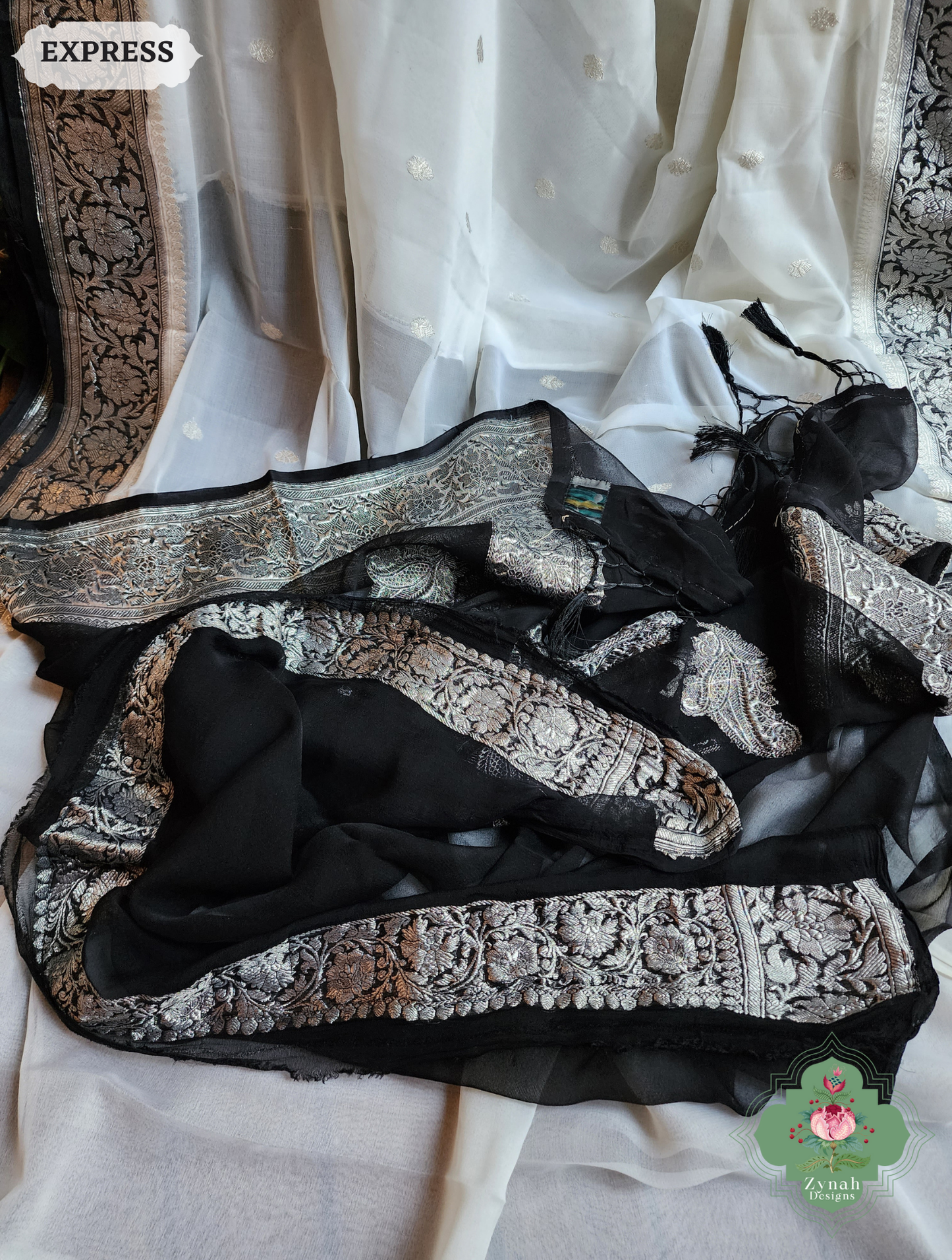 Zynah Black & White Handwoven Pure Khaddi Chiffon Banarasi Saree With Pure Silver Water Zari Woven Butas & Border; Custom Stitched/Ready-made Blouse, Fall, Petticoat; SKU: 29012025012