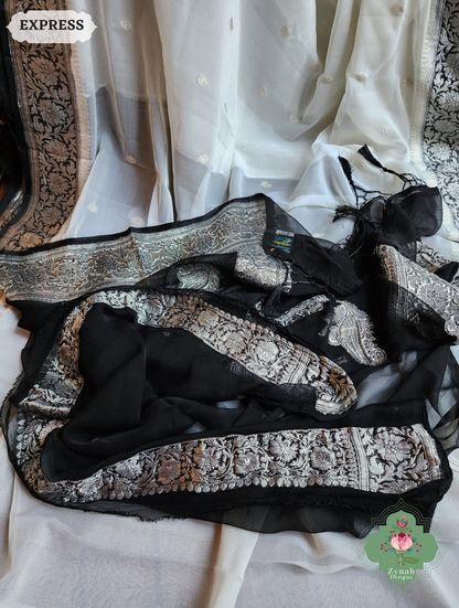 Zynah Black & White Handwoven Pure Khaddi Chiffon Banarasi Saree With Pure Silver Water Zari Woven Butas & Border; Custom Stitched/Ready-made Blouse, Fall, Petticoat; SKU: 29012025012