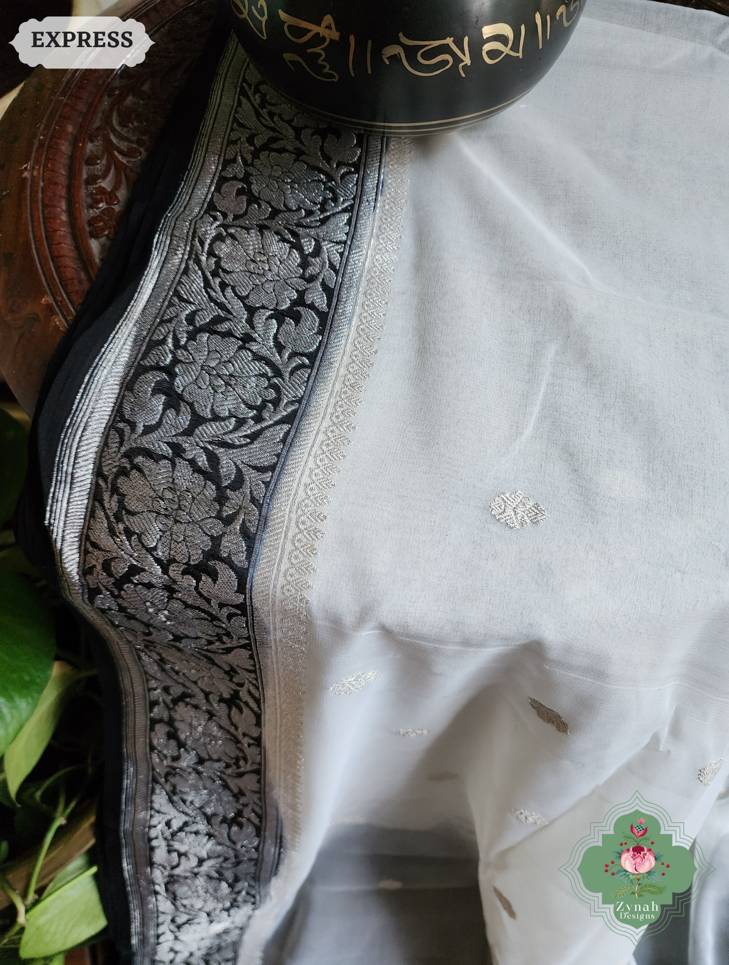 Zynah Black & White Handwoven Pure Khaddi Chiffon Banarasi Saree With Pure Silver Water Zari Woven Butas & Border; Custom Stitched/Ready-made Blouse, Fall, Petticoat; SKU: 29012025012