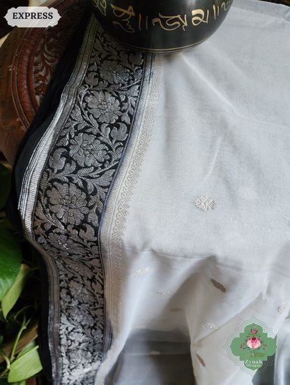 Zynah Black & White Handwoven Pure Khaddi Chiffon Banarasi Saree With Pure Silver Water Zari Woven Butas & Border; Custom Stitched/Ready-made Blouse, Fall, Petticoat; SKU: 29012025012