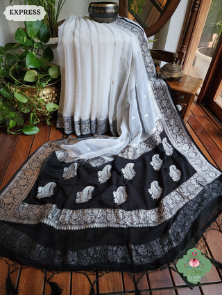 Zynah Black & White Handwoven Pure Khaddi Chiffon Banarasi Saree With Pure Silver Water Zari Woven Butas & Border; Custom Stitched/Ready-made Blouse, Fall, Petticoat; SKU: 29012025012