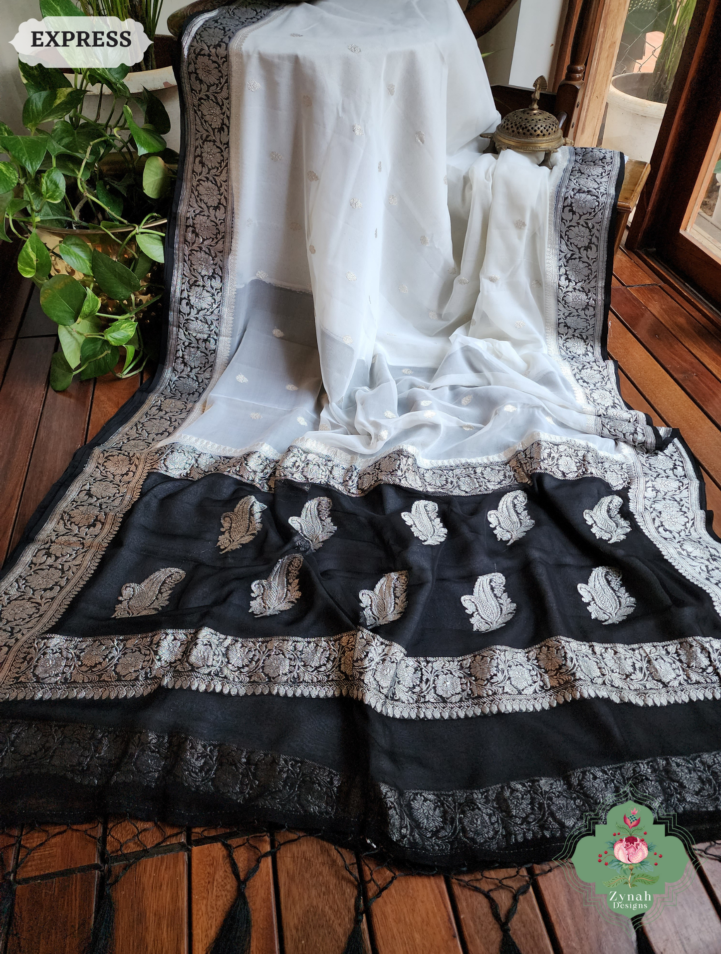Zynah Black & White Handwoven Pure Khaddi Chiffon Banarasi Saree With Pure Silver Water Zari Woven Butas & Border; Custom Stitched/Ready-made Blouse, Fall, Petticoat; SKU: 29012025012