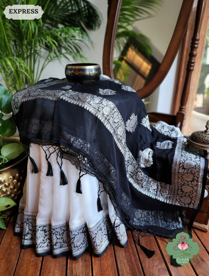 Zynah Black & White Handwoven Pure Khaddi Chiffon Banarasi Saree With Pure Silver Water Zari Woven Butas & Border; Custom Stitched/Ready-made Blouse, Fall, Petticoat; SKU: 29012025012