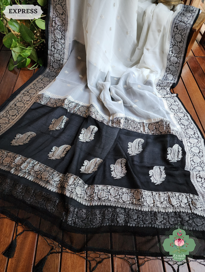 Zynah Black & White Handwoven Pure Khaddi Chiffon Banarasi Saree With Pure Silver Water Zari Woven Butas & Border; Custom Stitched/Ready-made Blouse, Fall, Petticoat; SKU: 29012025012
