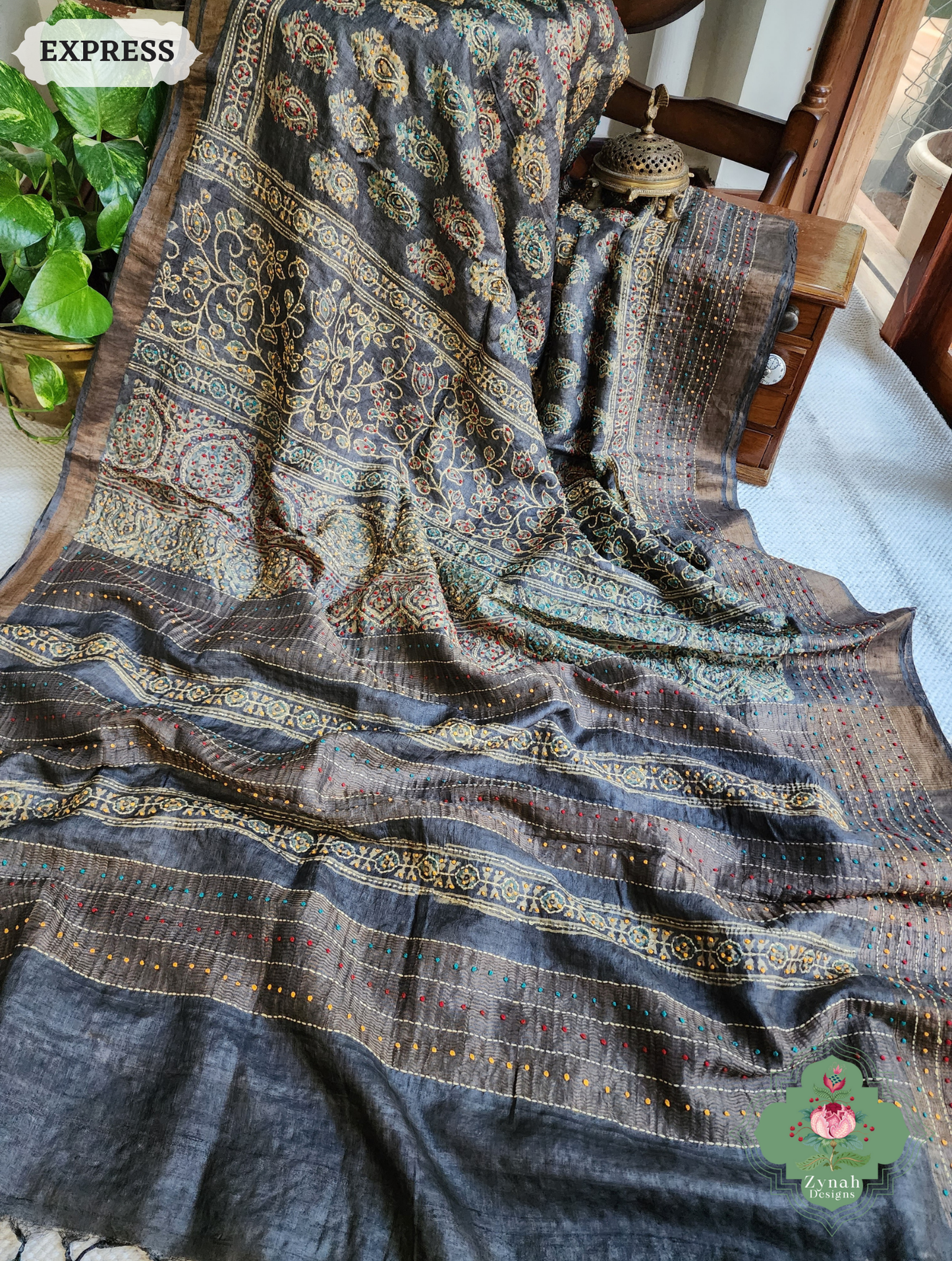 Zynah Blackish Brown Pure Tussar Silk Hand Block Print Ajrakh Saree With Hand Embroidery; Custom Stitched/Ready-made Blouse, Fall, Petticoat; SKU: 2409202502