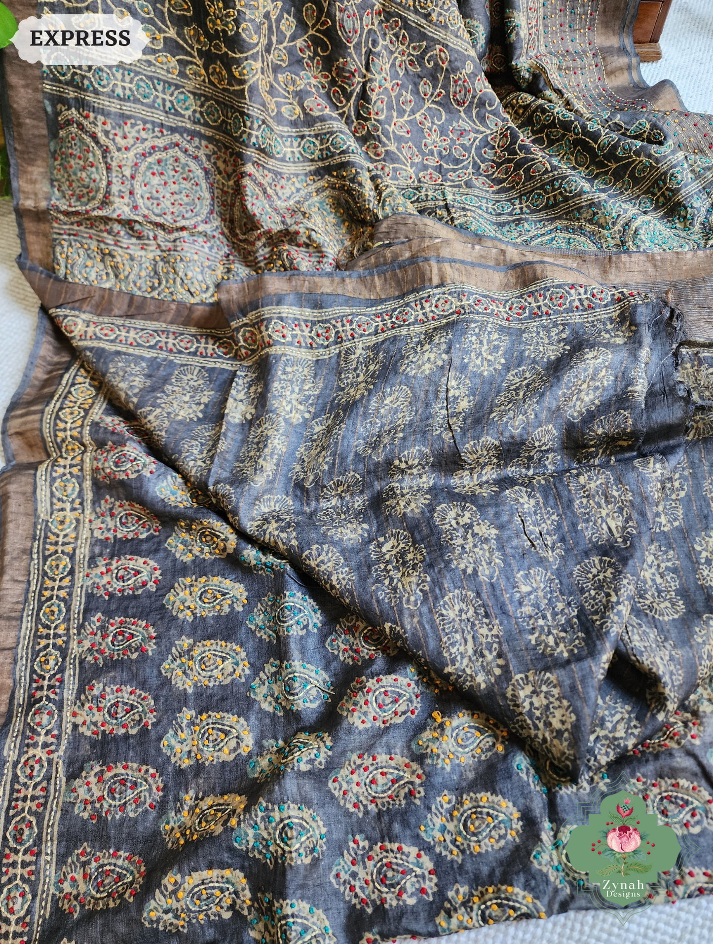 Zynah Blackish Brown Pure Tussar Silk Hand Block Print Ajrakh Saree With Hand Embroidery; Custom Stitched/Ready-made Blouse, Fall, Petticoat; SKU: 2409202502