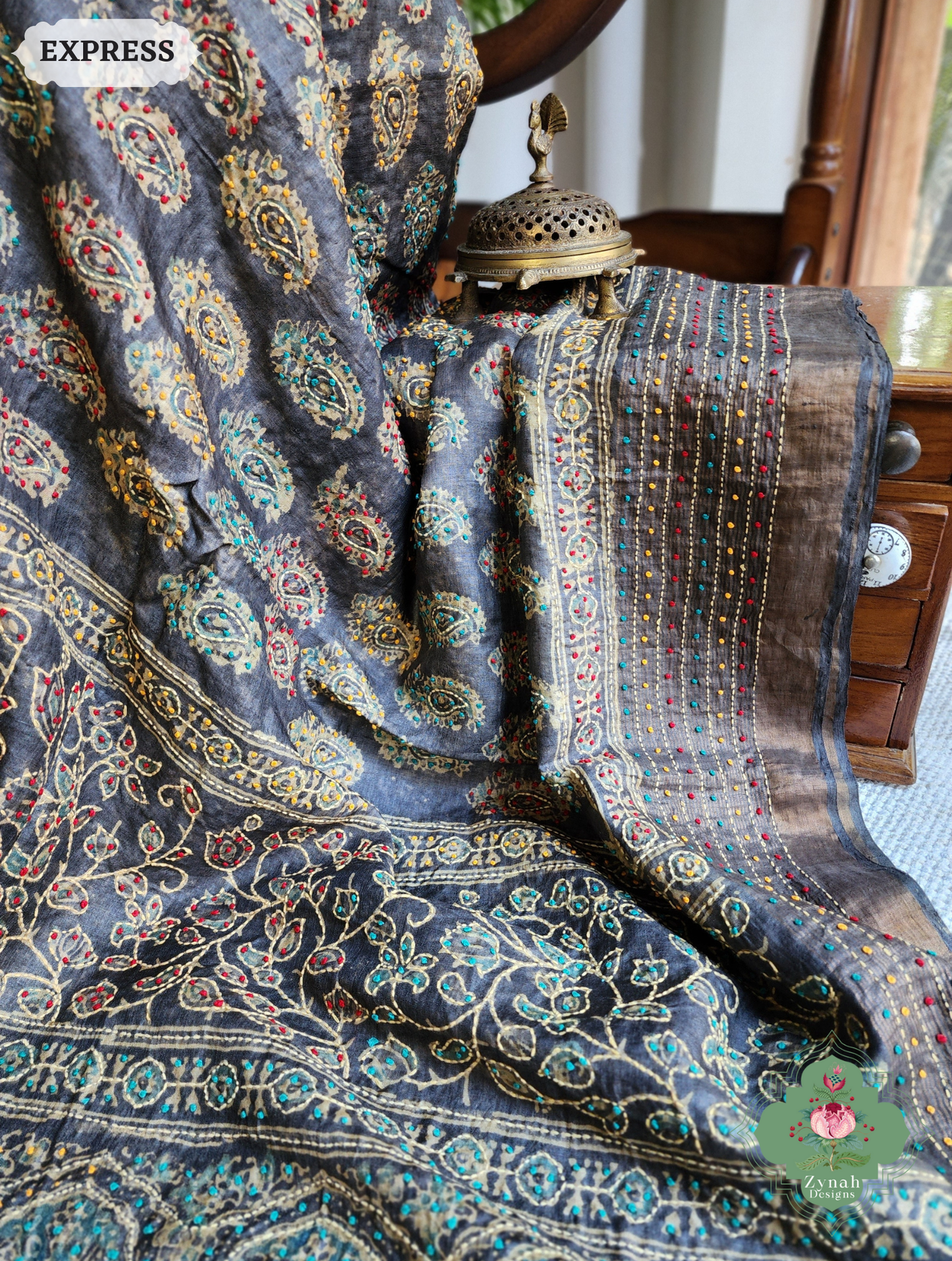 Zynah Blackish Brown Pure Tussar Silk Hand Block Print Ajrakh Saree With Hand Embroidery; Custom Stitched/Ready-made Blouse, Fall, Petticoat; SKU: 2409202502