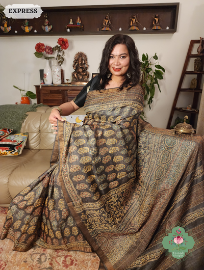 Zynah Blackish Brown Pure Tussar Silk Hand Block Print Ajrakh Saree With Hand Embroidery; Custom Stitched/Ready-made Blouse, Fall, Petticoat; SKU: 2409202502