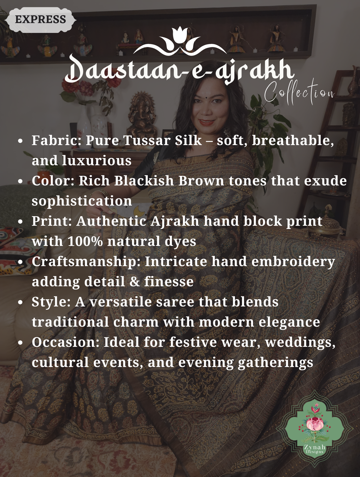 Zynah Blackish Brown Pure Tussar Silk Hand Block Print Ajrakh Saree With Hand Embroidery; Custom Stitched/Ready-made Blouse, Fall, Petticoat; SKU: 2409202502