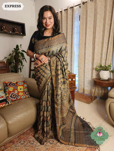 Zynah Blackish Brown Pure Tussar Silk Hand Block Print Ajrakh Saree With Hand Embroidery; Custom Stitched/Ready-made Blouse, Fall, Petticoat; SKU: 2409202502