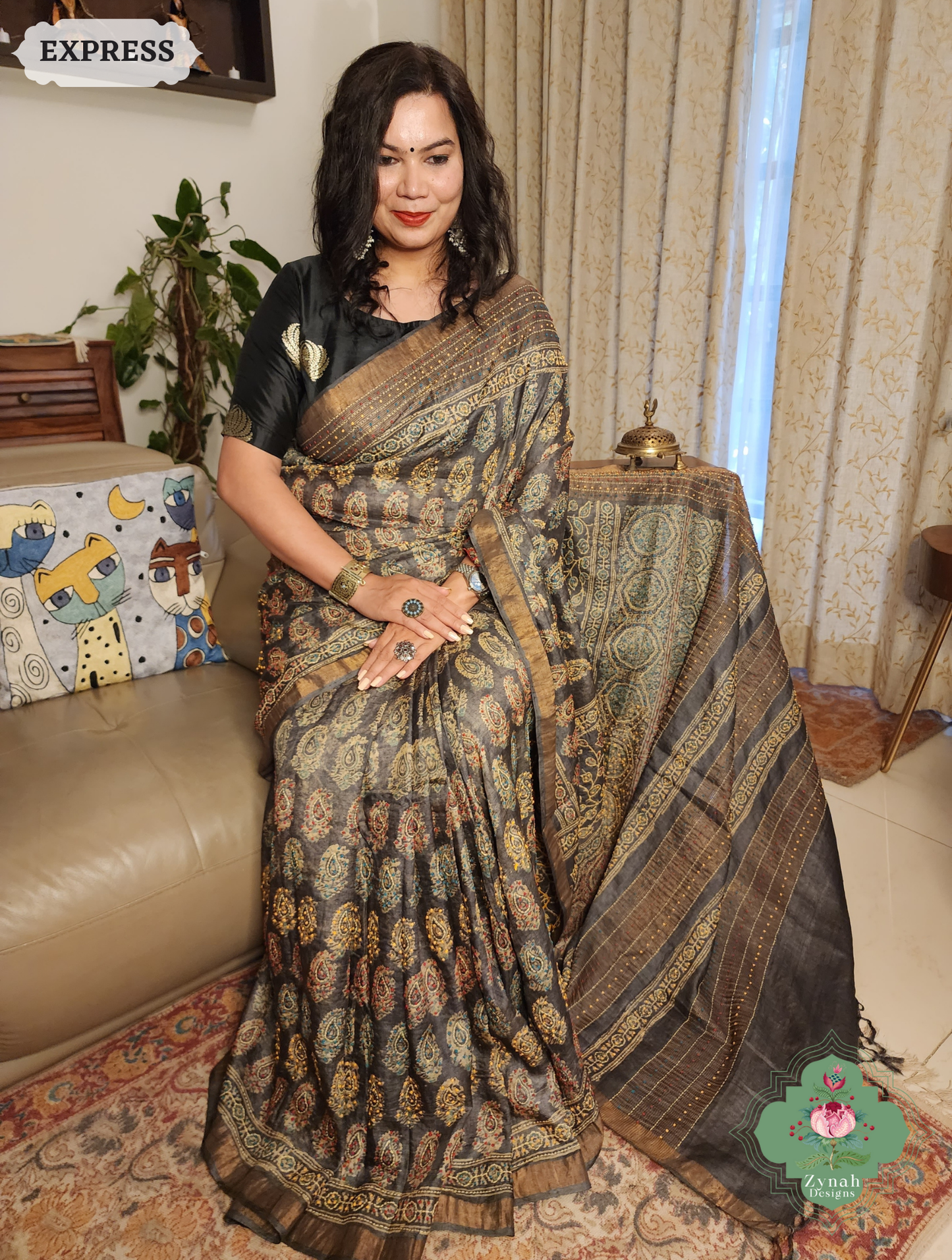Zynah Blackish Brown Pure Tussar Silk Hand Block Print Ajrakh Saree With Hand Embroidery; Custom Stitched/Ready-made Blouse, Fall, Petticoat; SKU: 2409202502
