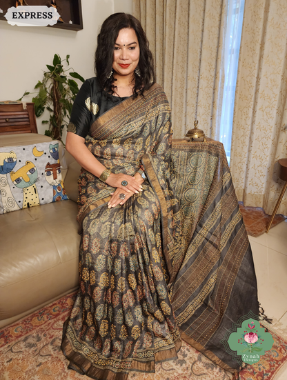 Zynah Blackish Brown Pure Tussar Silk Hand Block Print Ajrakh Saree With Hand Embroidery; Custom Stitched/Ready-made Blouse, Fall, Petticoat; SKU: 2409202502