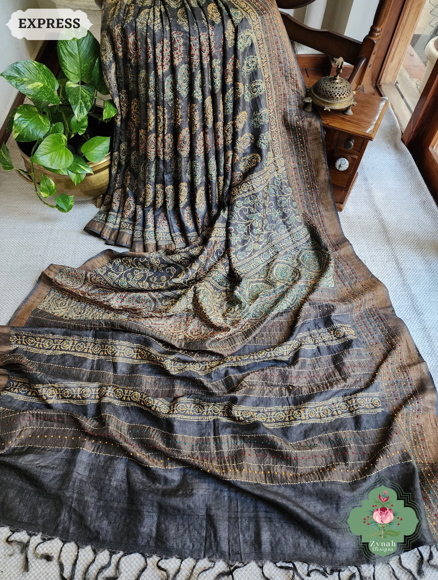 Zynah Blackish Brown Pure Tussar Silk Hand Block Print Ajrakh Saree With Hand Embroidery; Custom Stitched/Ready-made Blouse, Fall, Petticoat; SKU: 2409202502