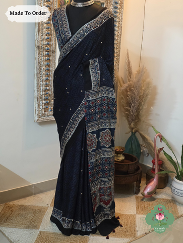 Zynah Made To Order Blue Ajrakh Modal Silk Saree With Hand Embellishments; Custom Stitched/Ready-made Blouse, Fall, Petticoat; SKU:1909202506
