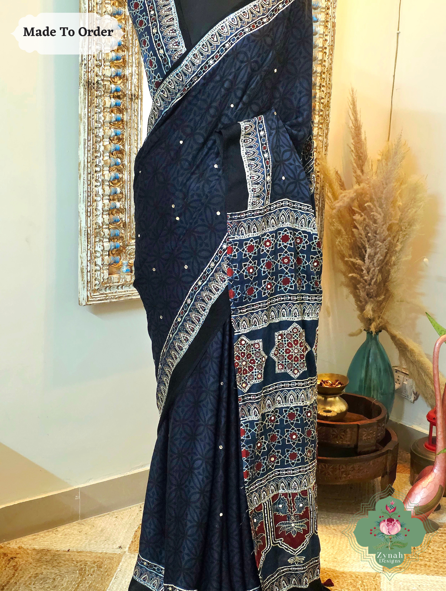 Zynah Made To Order Blue Ajrakh Modal Silk Saree With Hand Embellishments; Custom Stitched/Ready-made Blouse, Fall, Petticoat; SKU:1909202506