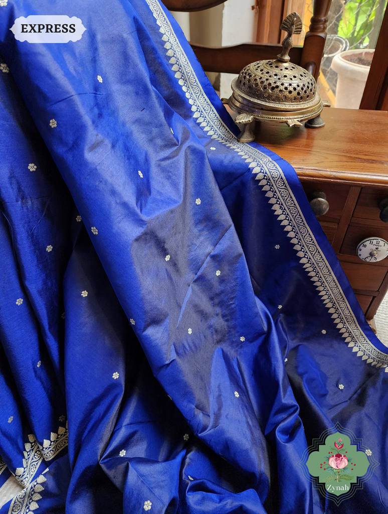 Zynah Blue Pure Banarasi Katan Silk Saree With Delicate Butis; Custom Stitched/Ready-made Blouse, Fall, Petticoat; SKU: 1507202301