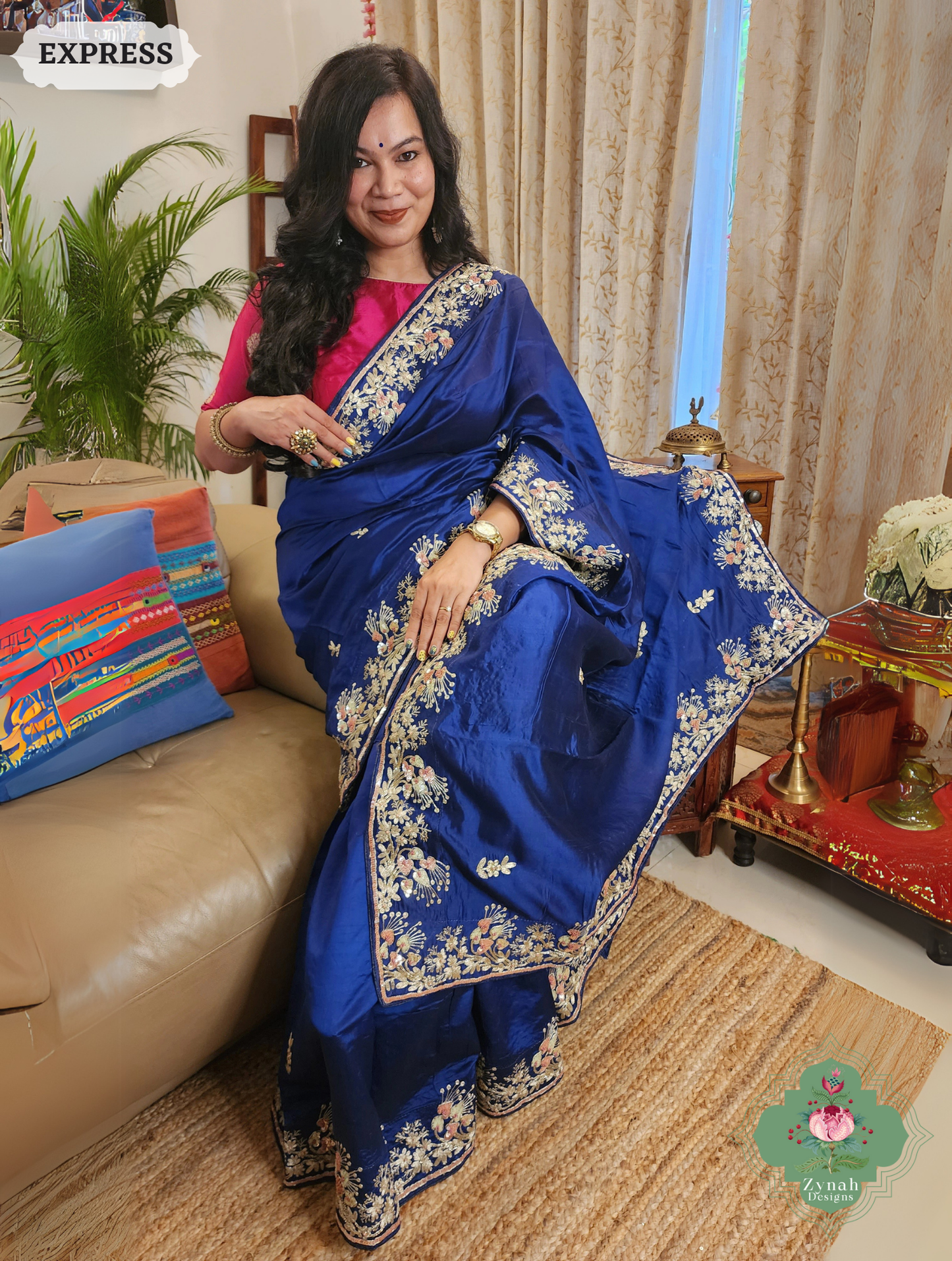 Zynah Royal Blue Pure Bangalori Silk Saree With Hand Embellished Sequins, Pearl & Pita Work; Custom Stitched/Ready-made Blouse, Fall, Petticoat; SKU: 2602202501