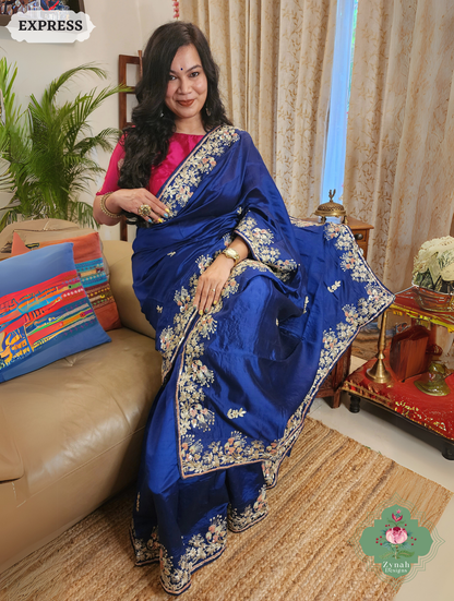 Zynah Royal Blue Pure Bangalori Silk Saree With Hand Embellished Sequins, Pearl & Pita Work; Custom Stitched/Ready-made Blouse, Fall, Petticoat; SKU: 2602202501