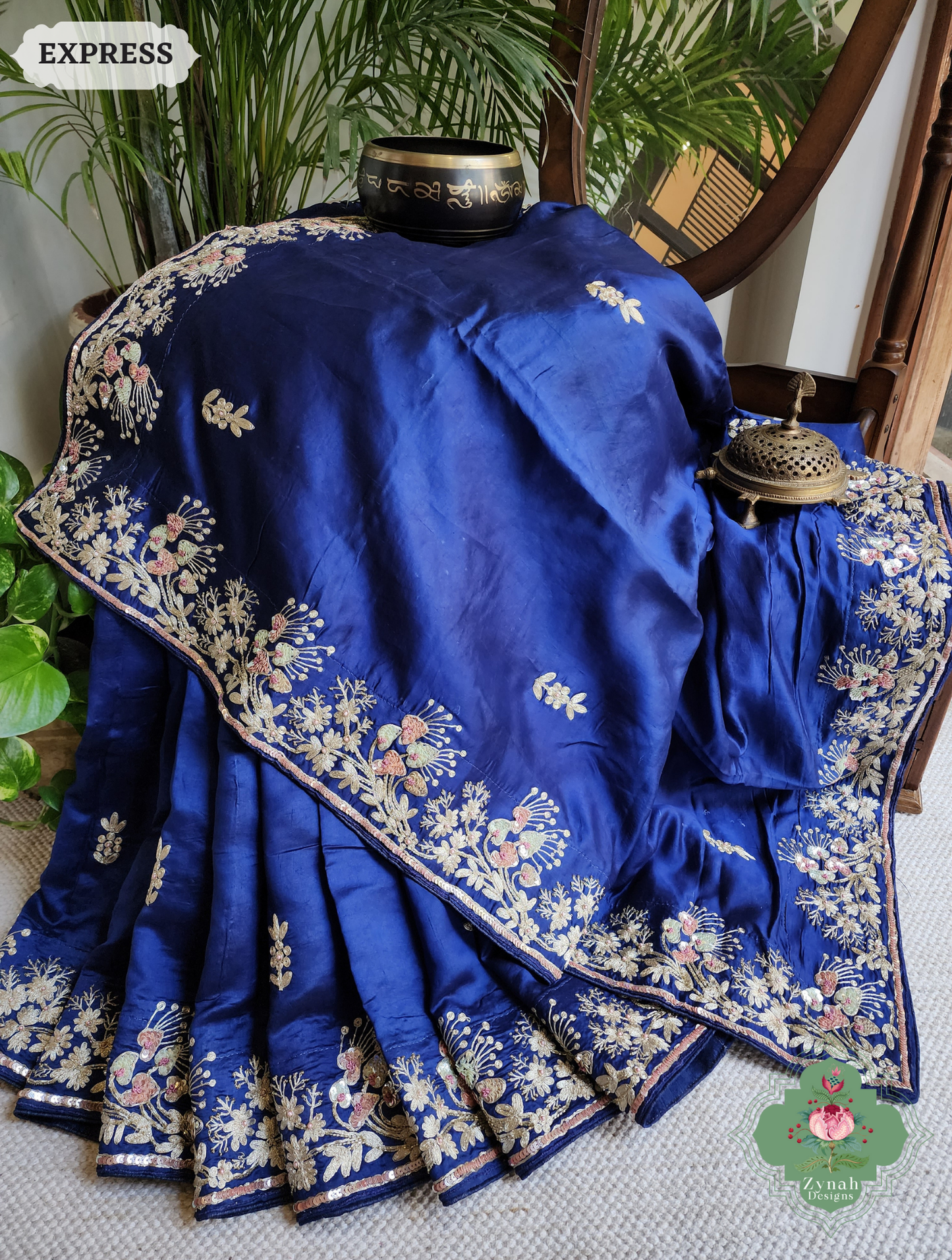 Zynah Royal Blue Pure Bangalori Silk Saree With Hand Embellished Sequins, Pearl & Pita Work; Custom Stitched/Ready-made Blouse, Fall, Petticoat; SKU: 2602202501