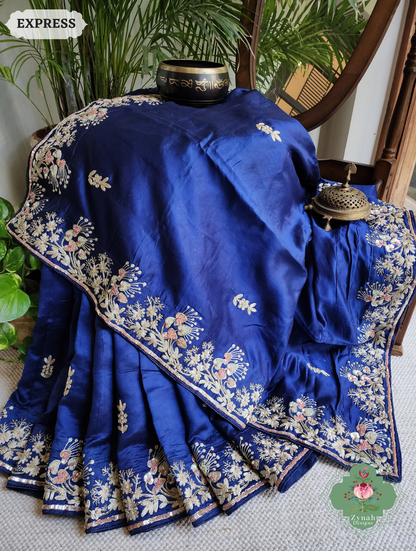 Zynah Royal Blue Pure Bangalori Silk Saree With Hand Embellished Sequins, Pearl & Pita Work; Custom Stitched/Ready-made Blouse, Fall, Petticoat; SKU: 2602202501