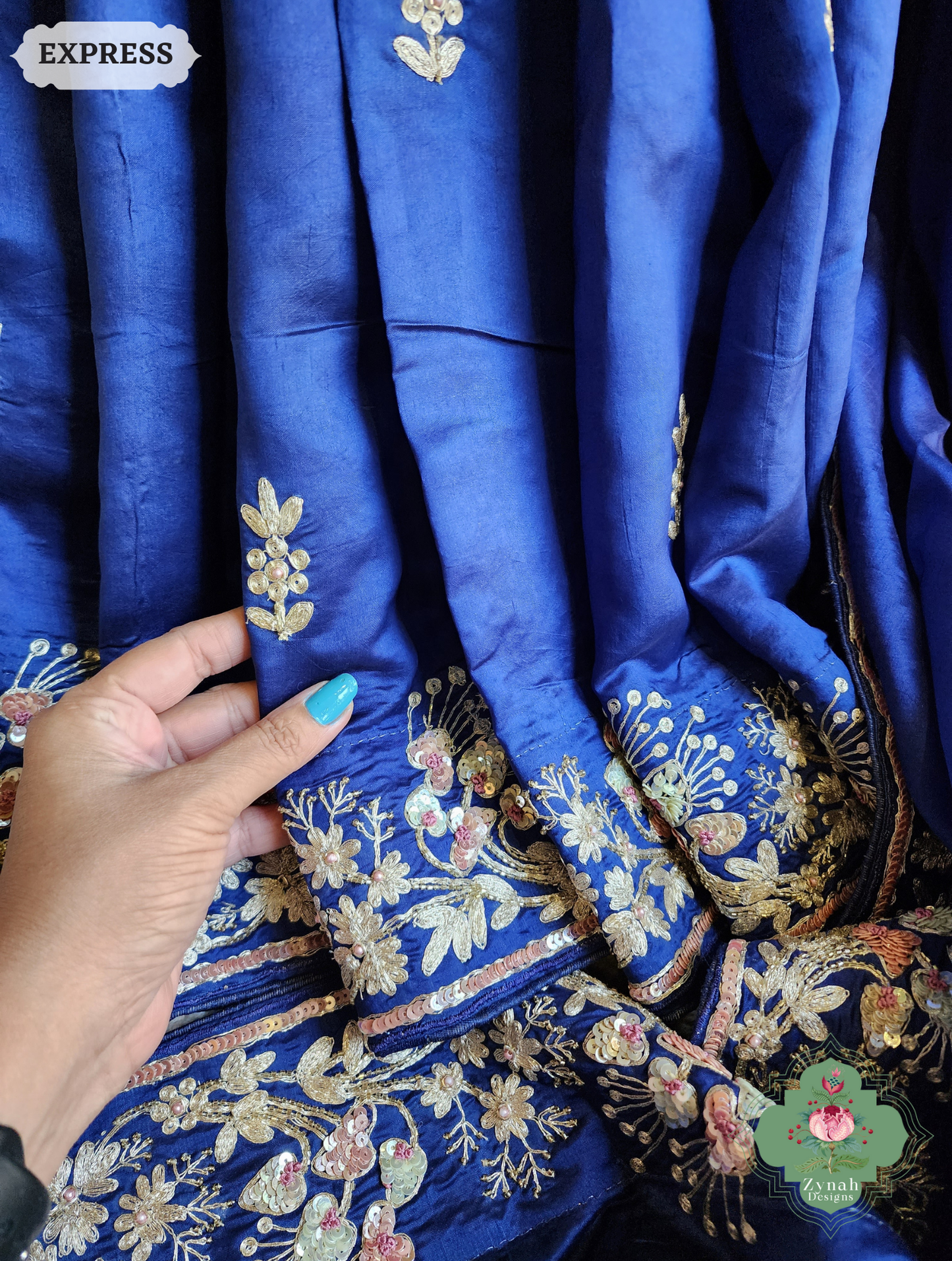 Zynah Royal Blue Pure Bangalori Silk Saree With Hand Embellished Sequins, Pearl & Pita Work; Custom Stitched/Ready-made Blouse, Fall, Petticoat; SKU: 2602202501