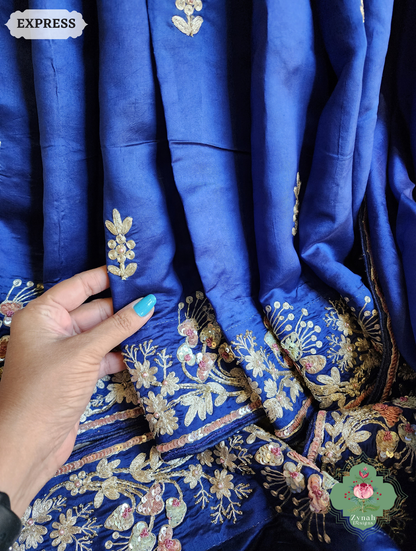 Zynah Royal Blue Pure Bangalori Silk Saree With Hand Embellished Sequins, Pearl & Pita Work; Custom Stitched/Ready-made Blouse, Fall, Petticoat; SKU: 2602202501