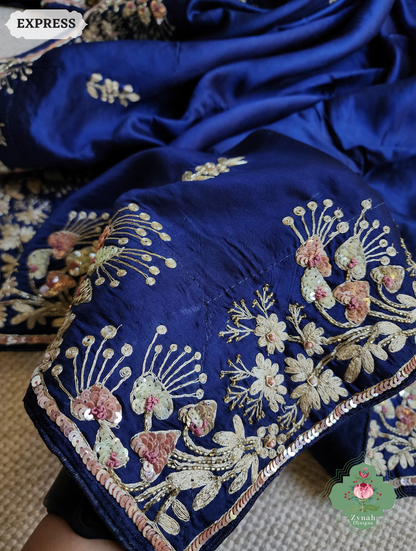 Zynah Royal Blue Pure Bangalori Silk Saree With Hand Embellished Sequins, Pearl & Pita Work; Custom Stitched/Ready-made Blouse, Fall, Petticoat; SKU: 2602202501