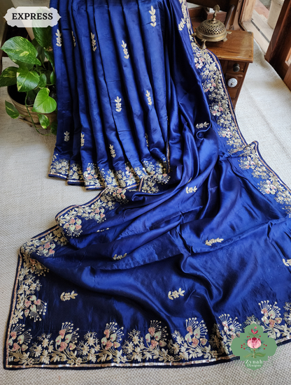 Zynah Royal Blue Pure Bangalori Silk Saree With Hand Embellished Sequins, Pearl & Pita Work; Custom Stitched/Ready-made Blouse, Fall, Petticoat; SKU: 2602202501