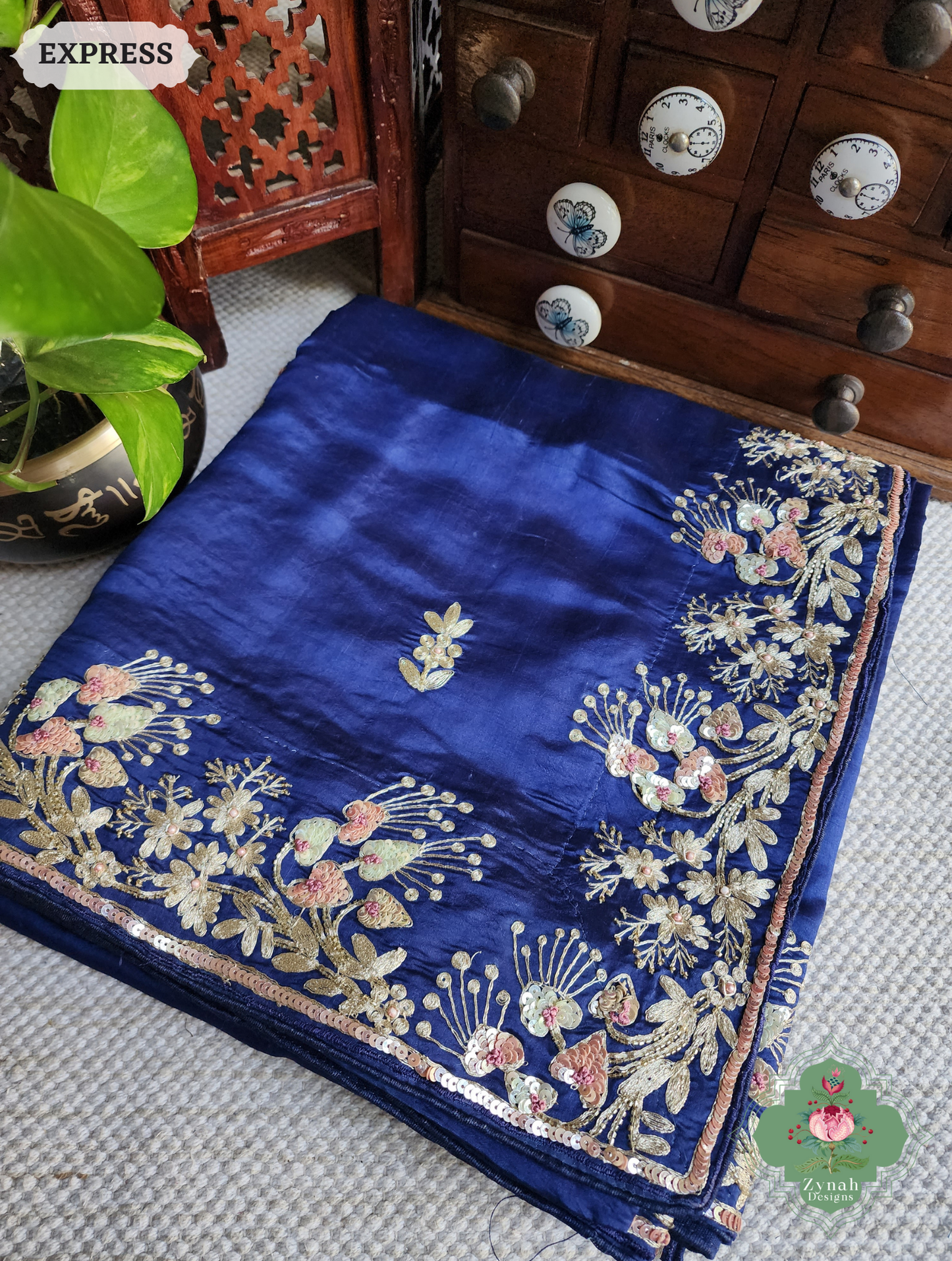 Zynah Royal Blue Pure Bangalori Silk Saree With Hand Embellished Sequins, Pearl & Pita Work; Custom Stitched/Ready-made Blouse, Fall, Petticoat; SKU: 2602202501