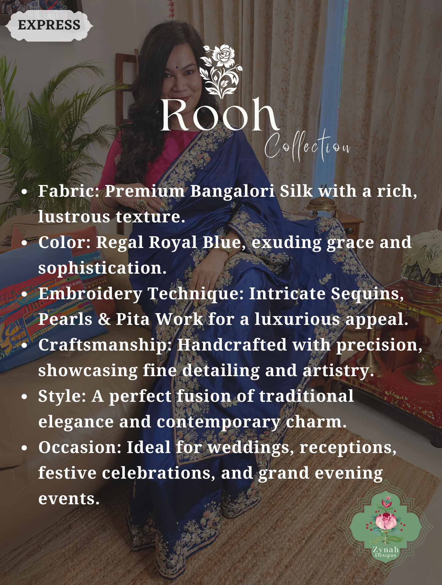 Zynah Royal Blue Pure Bangalori Silk Saree With Hand Embellished Sequins, Pearl & Pita Work; Custom Stitched/Ready-made Blouse, Fall, Petticoat; SKU: 2602202501