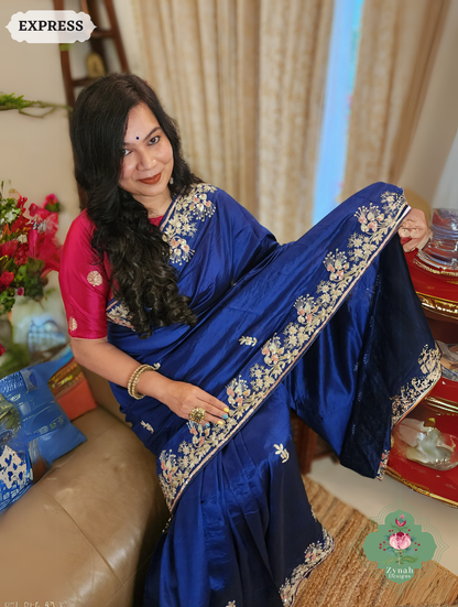 Zynah Royal Blue Pure Bangalori Silk Saree With Hand Embellished Sequins, Pearl & Pita Work; Custom Stitched/Ready-made Blouse, Fall, Petticoat; SKU: 2602202501